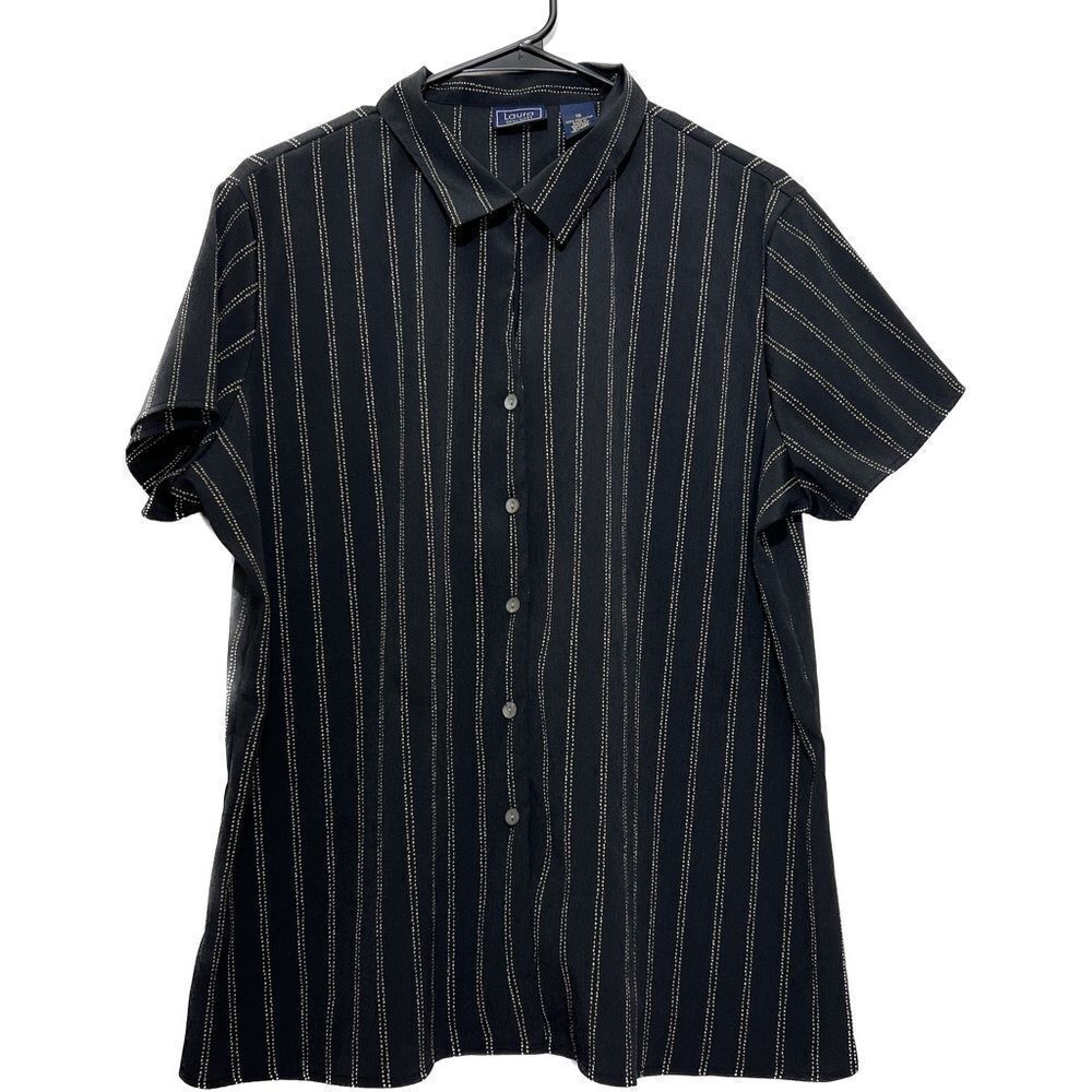 Laura Scott, women’s size 18, black/white pinstriped,‎ short sleeve blouse